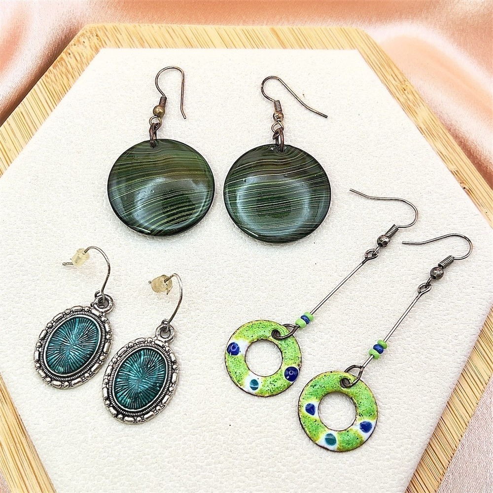 Vintage Boho Estate Dangle Earrings Lot of 3 Pairs Green Blue Enamel Disc Drop